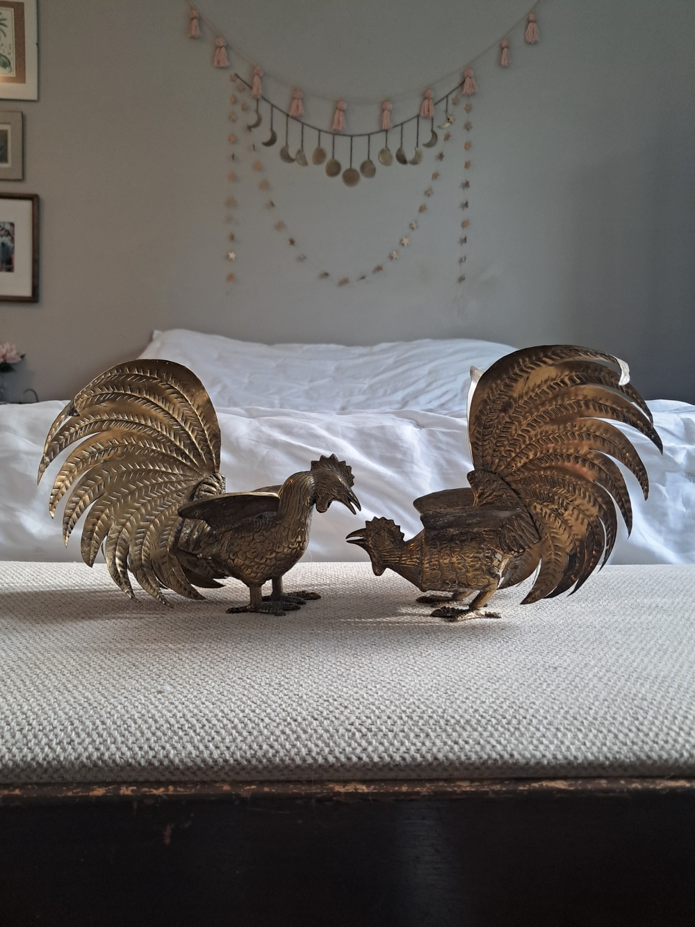 Vintage Brass Rooster Pair Decorative Sculptures - Brass Accent